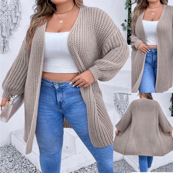 New Open Front Duster Cardigan Oversized Pointelle Drop Shoulder Khaki Knit Cozy - Picture 1 of 16
